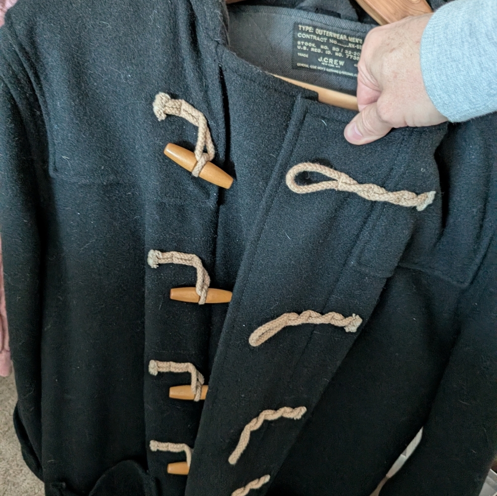 J. Crew Mens Black Wool Duffle Coat Hooded Toggle Jacket Size Large - Picture 2 of 5